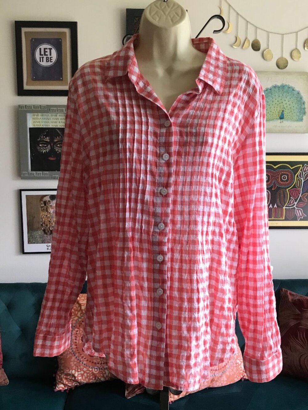 NTCO Nomadic Traders size L Red & White Gingham Pintuck Stretch Seersucker Top